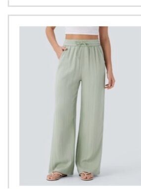 HALARA High Waisted Drawstring Pocket Wide Leg Casual Linen-Feel Pants Pale Aqua